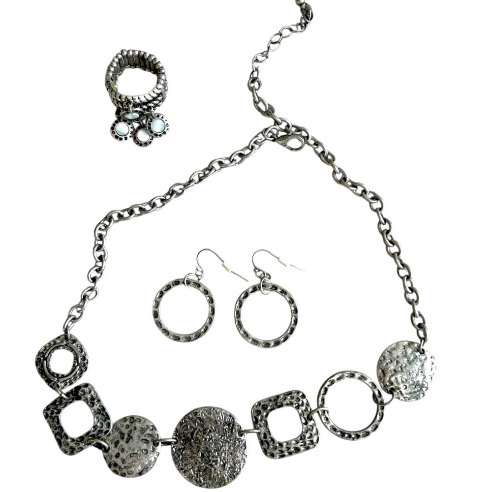 Costume Jewelry Set - Antique finished Silver-tone necklace, earrings & ring